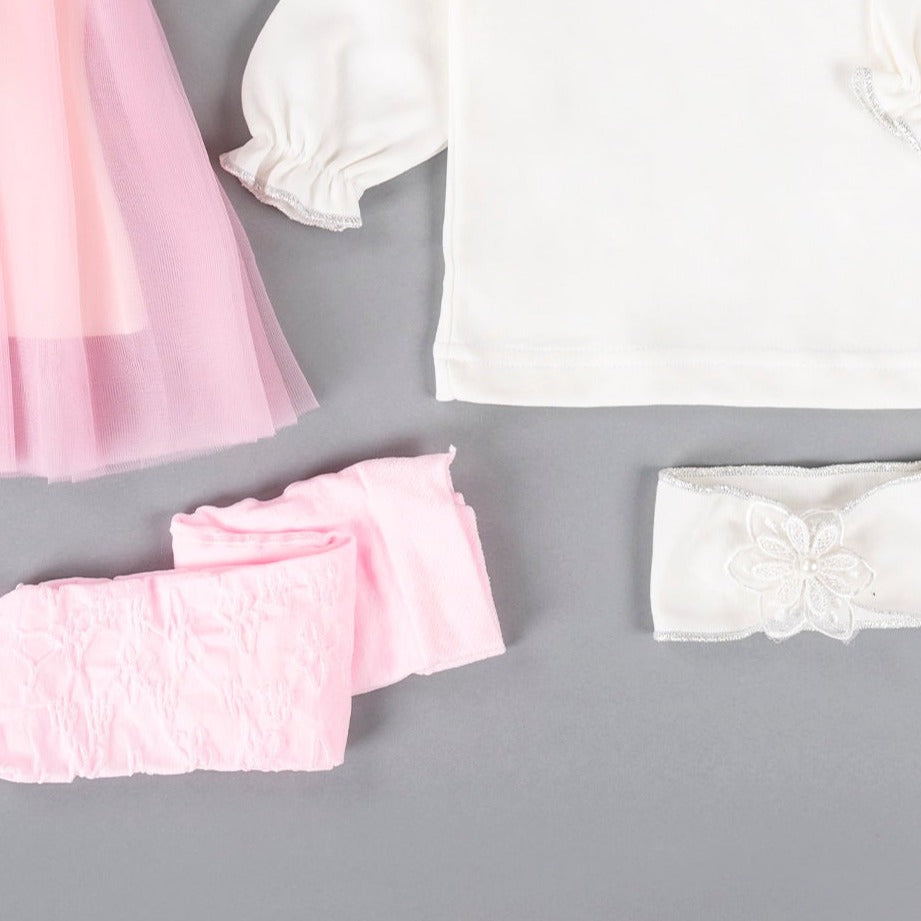 فستان السبوع لحديث الولادة 4 قطع