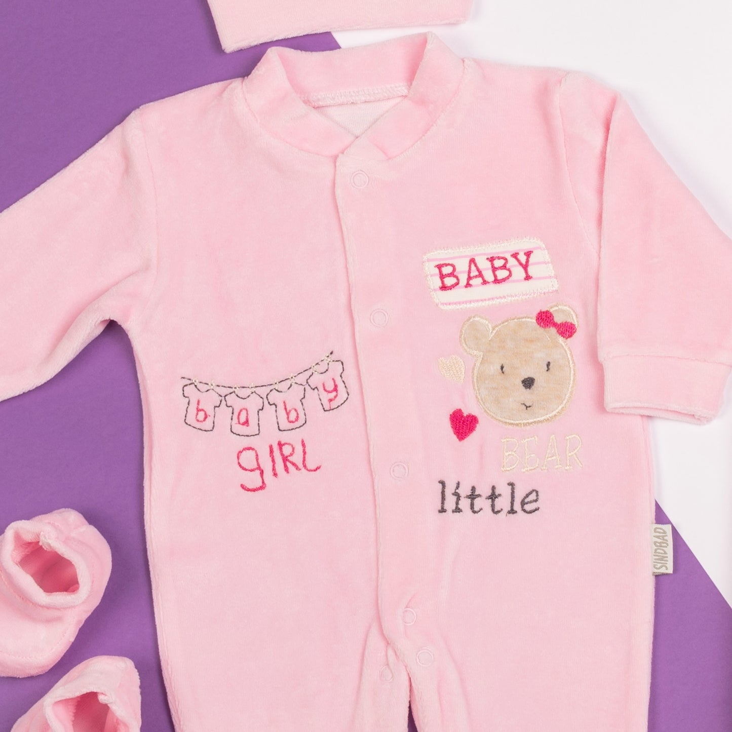 طقم بودي سوت مخمل لحديثي الولادة مع غطاء فرو للرضع - للشتاء-بنات